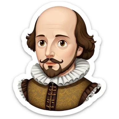 Cinematic Realistic portrait of William Shakespeare, depicted as an iconic playwright in richly detailed Elizabethan attire with a ruffled collar, expressive eyes, and a thoughtful gaze, bathed in dramatic historical lighting that evokes the Bard’s timeless legacy sticker