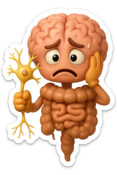 EMOJI STILE IPHONE DI UN INTESTINO collegato verticalmente ad un cervello mentre tiene in mano un neurone, espressione stressata, IPERREALISTICO 4K sticker