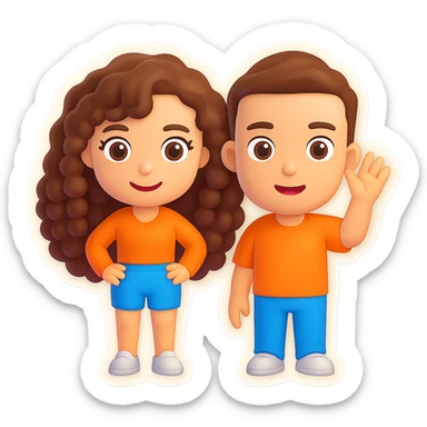 3D cartoon male and female characters with white skin and brown hair; male has short fade haircut, female has long natural curls. Both characters are standing side by side, waving and smiling in a Bitmoji-like style suitable for emoji use. Transparent background. sticker