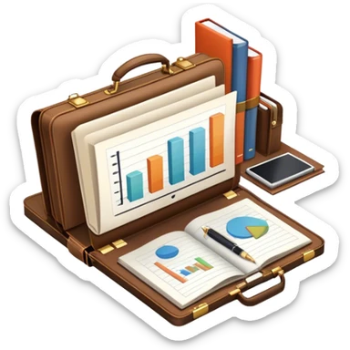 Icon for Business Reading: a prominent open book in the foreground with a briefcase, a laptop and a notepad around it, with a bar graph symbolizing ideas and growth. The icon should represent the knowledge and strategy of business literature. Transparent background. sticker