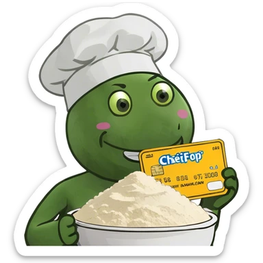 happy emoji with credit card in hand and a pile of flour sticker