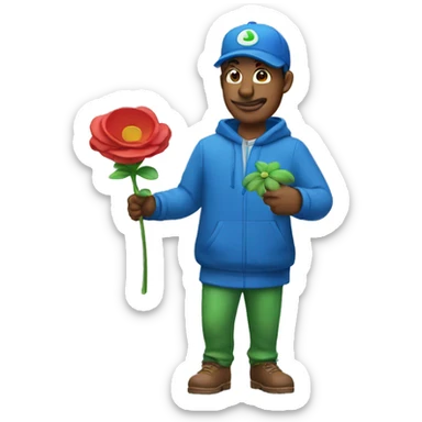 a man with luigi cap and blue clothes holds a flower sticker