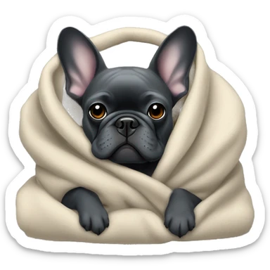 A dark grey French bulldog in a soft blanket sticker