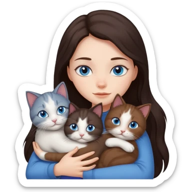 a girl with long dark 
brown hair, with blue eyes, hugs 3 different natural coloured cats sticker