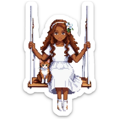 beautiful girl with curly long brown hair in a white dress holding an Abyssinian cat with reddish-brown fur, sitting on a swing sticker