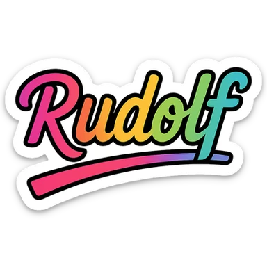 modern colorful gradient typography of the name Rudolf with dark outline, dynamic slanted or partial underline, transparent background, in the style of reference patterns sticker
