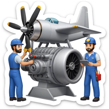tan guy with black beard building a plane engine with his coworkers sticker