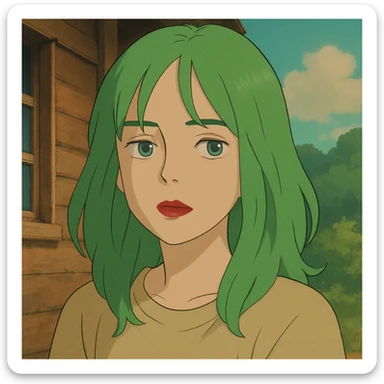 girl with green hair like Billie Eilish and red lipstick, ghibli style sticker
