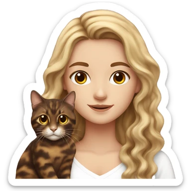 White girl with brown long wavy hair holding a tortoiseshell cat sticker