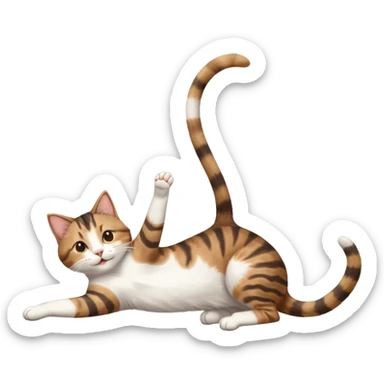 brown tabby and white cat with doing a big extremely long stretch reaching up into the air with arms and legs side by side together straight and overextended whilst lying on its side sticker