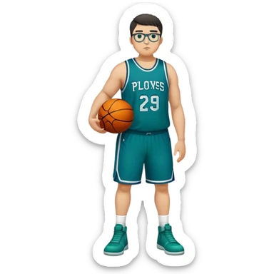 Full Body plus size white male with dark short hair basketball player wearing glasses wearing blue green uniform sticker