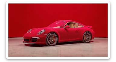 Medium shot of a porsche 911 made of carpet, red solid studio background, top soft light sticker