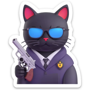 black cat with sunglasses and a gun sticker