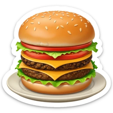 Draw a hamburger on a plate using a front camera with an 80-degree angle from the ground, ensuring the object remains stationary without rotation or tilt. sticker