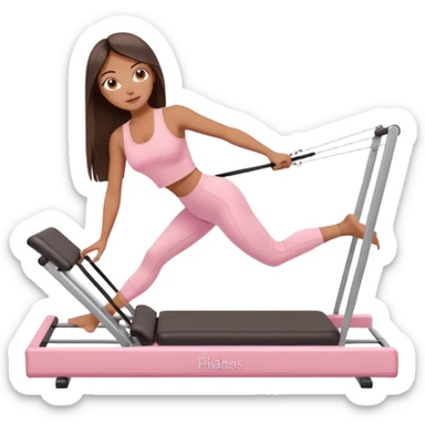 a girl doing reformer pilates, she is wearing a pastel pink fit and she has dark straight and loose hair.  sticker