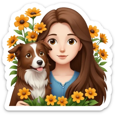 A long-haired girl is holding a brown Border Collie in the flowers sticker