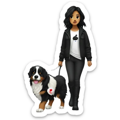 Girl with black hair and tattoos in black dress and black boots walking a Bernese mountain dog  sticker