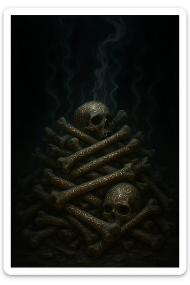 bones stacked in a heap, each bone etched with arcane symbols, wisps of magical energy emanating upward sticker