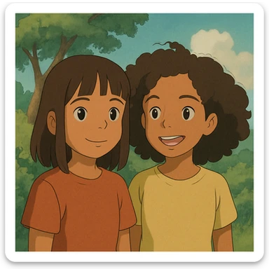 Una chica morenita con cabello lacio y fleco y otra chica a su lado morenita con el cabello chino sticker