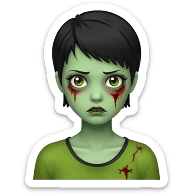 Emoji zombie girl verde com cabelo preto curto com uma expressão impassivel sticker