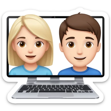 boy and girl on a video call, computer screens with faces, happy conversation sticker