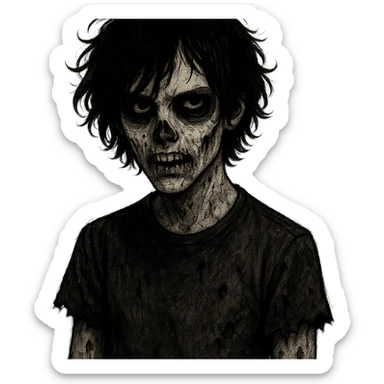 spooky boy zombie, black medium-long messy curly hair, emo, with a creepy expression sticker