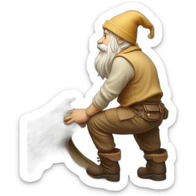 side view of gnome with light tan pants and boots squatting above small brown log sticker