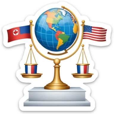 icon featuring podium with a speaker, national flags, and voting ballots, symbolizing political science. The design includes a globe and scales of justice in the background, representing governance, global affairs, and political theory. Transparent background emphasizes civic engagement and policy. sticker