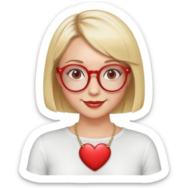 white girl head with short blonde bob hair, red round glasses, heart necklace, smiling sticker
