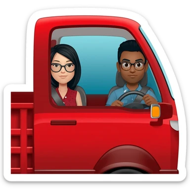 Camioneta roja mazda, con una mujer en el volante de pelo negro y lentes, y un copiloto hombre de pelo corto negro y lentes sticker