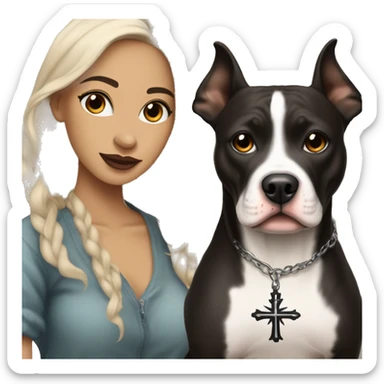 light skin woman with a tattoo of a small cross near her eye and long wavy black hair expressing joy alongide a white and brown pitbull sticker