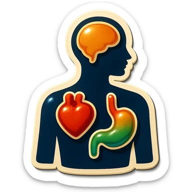 human silhouette with highlighted organs heart stomach head, clear outlines, strong shadows and highlights, psychosomatics and psychology theme, fun and not too complex sticker