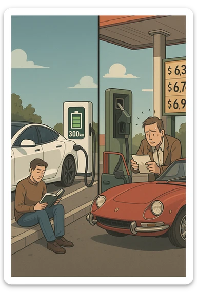 "Tesla Model S at charging station with owner reading book peacefully, battery indicator showing sufficient charge for 300km journey, versus vintage Italian sports car at gas station with owner anxiously calculating fuel costs, pump prices visible showing expensive gasoline, stress lines on traditional car owner's face, modern vs classic automotive philosophy clash" sticker