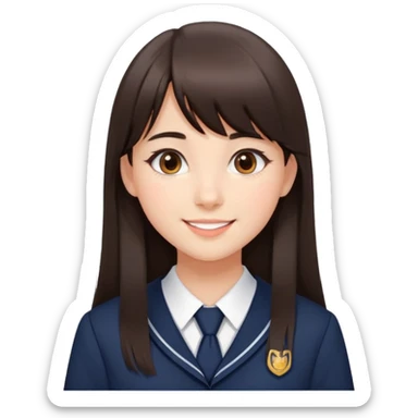 Pretty student with dark brown bangs and long straight hair, elegant school uniform, natural makeup, charming smile sticker