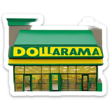 “Exterior of a Dollarama store with the bright green facade, bold yellow Dollarama sign, large front windows, and entrance doors, capturing the look of a budget-friendly retail store.” sticker