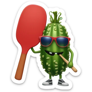 pickle with legs, holding a solid red paddle ball racket, blue backgound, wearing sunglasses sticker