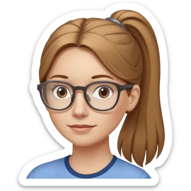 Thin pale white woman with long light brown hair in pony tail light brown glasses and grey eyes sticker
