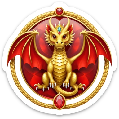Golden Dragon with wings crest/brosch in a circle with red gems sticker