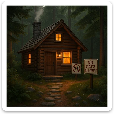 cozy cabin in the woods with a 'No Cats Allowed' sign, surrounded by nature sticker