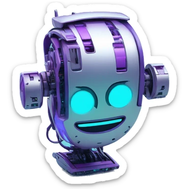Smily face robotic scanning device, cyberpunk, cyan and purple colors, friendly, futuristic, binary code sticker