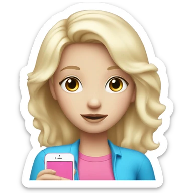 a white blond hair girl with blue eyes wearing a pink shirt holding a pink iphone  sticker
