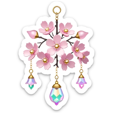 Hanging Iridescent pastel pink sakura crystals white-pearly suncatcher with bell LAMP sticker