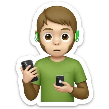 Un singe qui est habillé comme un garçon et qui a un iPhone 12 mini et qui a un t-shirt vert  sticker