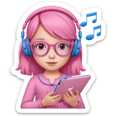 Little girl with headphones when pink eyes and pink iPad and pink dreamy background and rose colored glasses and blue music notes around her and pink dress sticker