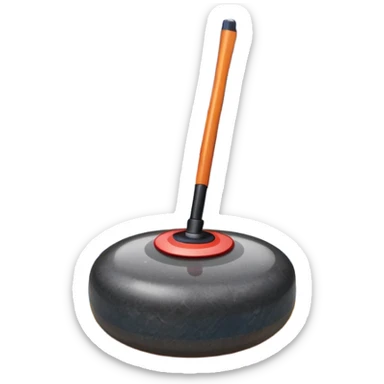 An icon featuring a curling stone in the foreground on an ice sheet with marked target circles. A curling broom rests nearby. In the background, a grand indoor stadium with bright lights and cheering fans. The ice reflects the vibrant colors of the surroundings. Transparent background. sticker