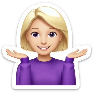 Emoji-style illustration of a joyful young woman, smooth, shiny, perfectly styled blonde hair, wearing a purple sweater, smiling widely with eyes sparkling, expressing happiness and excitement, cartoonish, expressive, simple lines, flat colors, clear silhouette sticker