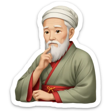 Old oriental sage with white beard and traditional Chinese clothing in contemplative pose, looking thoughtful with hand on chin sticker