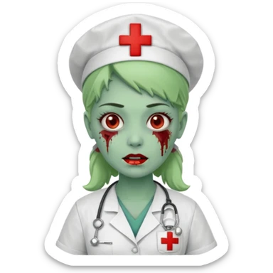 Zombie nurse in scrubs, red cross hat, green skin sticker