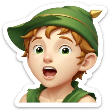 Cinematic Realistic Peter Pan Portrait, head tilted slightly with a dramatic, wide-open yawn, revealing a relaxed yet spirited expression. His detailed tunic and cap, paired with a gentle, ambient glow, capture a tender moment of vulnerability amidst his eternal quest for adventure. sticker