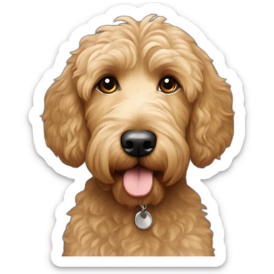 goldendoodle con mujer 30 años  castaña ojos claros, cabello melena al hombro, tez clara sticker